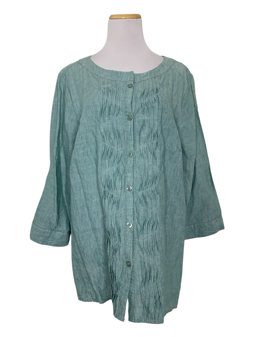 Alexandra Bartlett 100% Linen Pintuck Pleat Tunic Top Womens 2X Lagenlook Teal